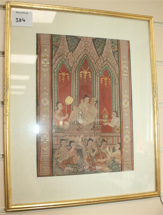 Two Thai paintings on cloth, 19th century, 29 x 21cm and 28 x 20cm, mounted, framed and glazed